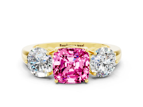 Yellow gold Cushion Cut Pink Sapphire Three-Stone Ring with Prong Setting and Classic Band