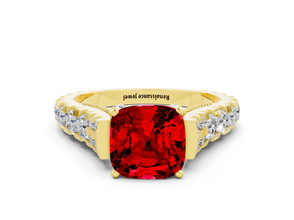 Yellow gold Cushion Cut Ruby Classic Solitaire Ring with Pavé Band and Four-Prong Setting