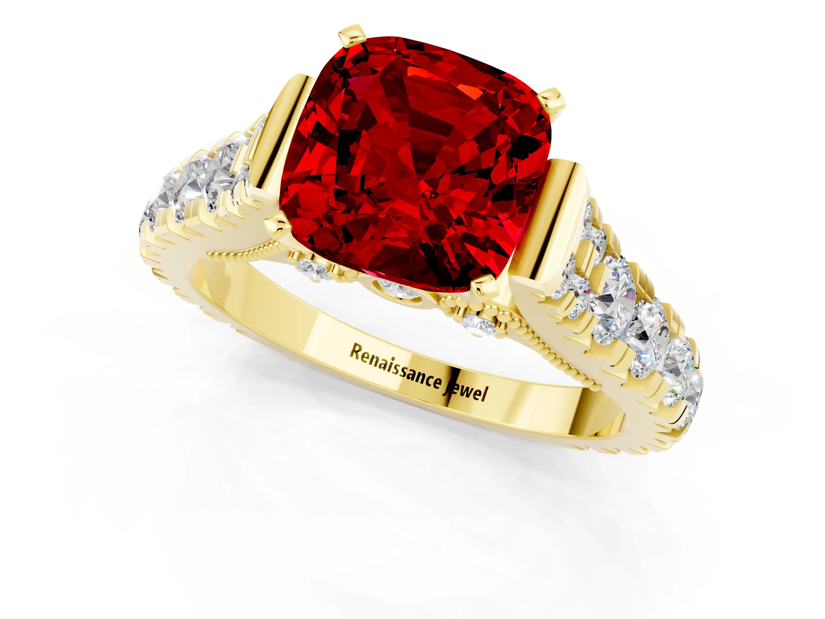 Yellow gold Cushion Cut Ruby Classic Solitaire Ring with Pavé Band and Four-Prong Setting_1