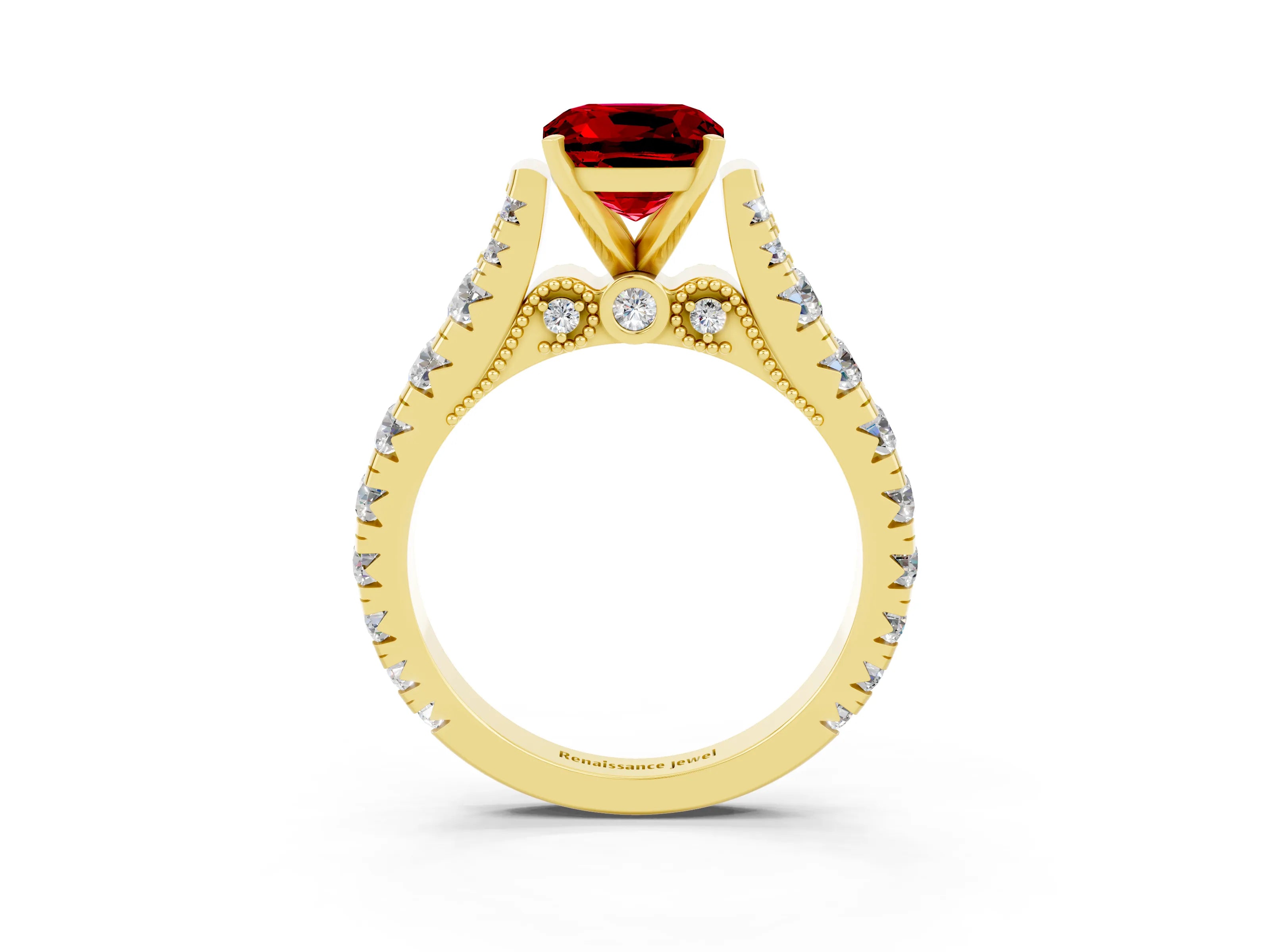 Yellow gold Cushion Cut Ruby Classic Solitaire Ring with Pavé Band and Four-Prong Setting_3