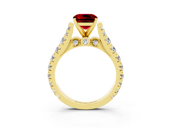 Yellow gold Cushion Cut Ruby Classic Solitaire Ring with Pavé Band and Four-Prong Setting