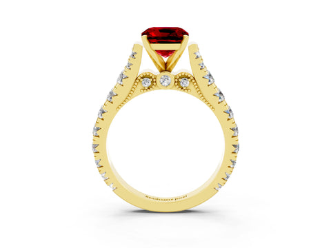 Yellow gold Cushion Cut Ruby Classic Solitaire Ring with Pavé Band and Four-Prong Setting_3