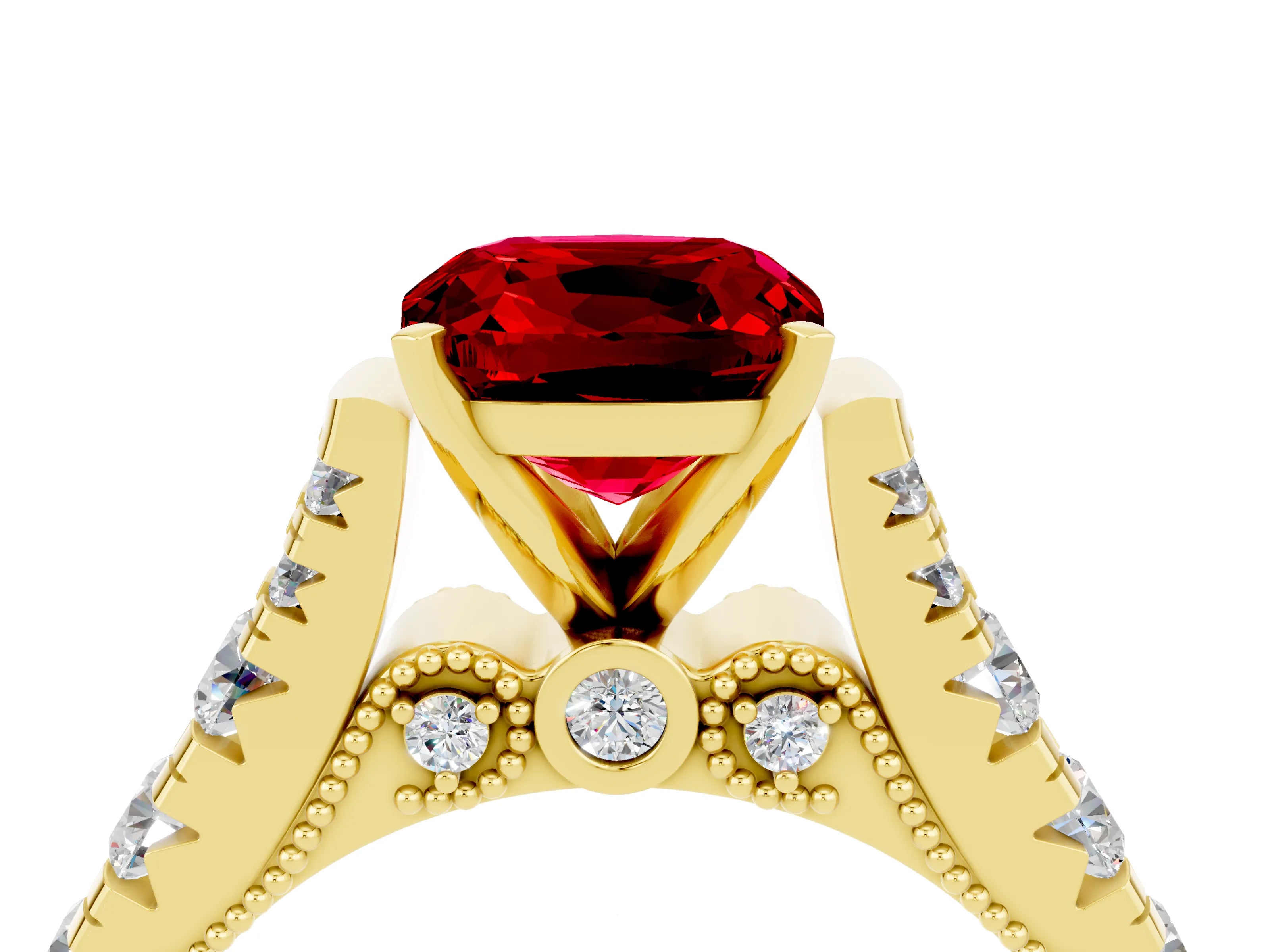 Yellow gold Cushion Cut Ruby Classic Solitaire Ring with Pavé Band and Four-Prong Setting_4
