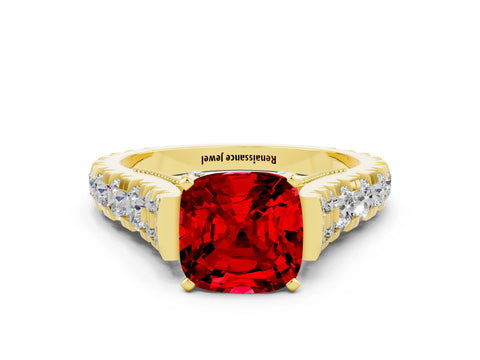 Yellow gold Cushion Cut Ruby Classic Solitaire Ring with Pavé Band and Four-Prong Setting
