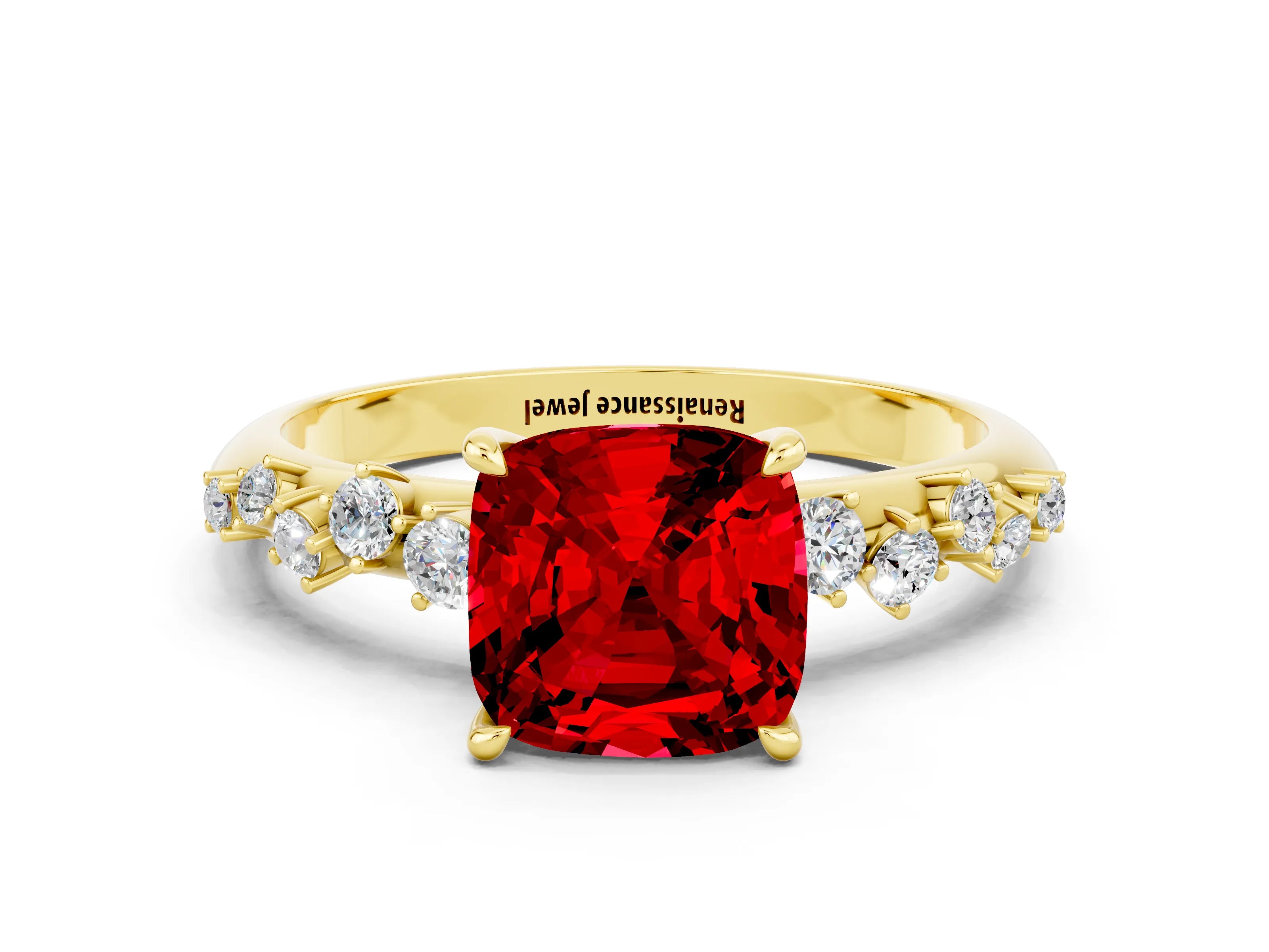 Yellow gold Cushion Cut Ruby Cluster Side Stone Solitaire Ring with Prong Setting_24