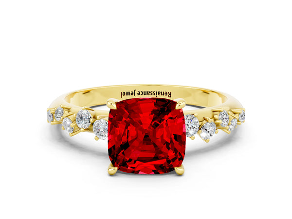 Yellow gold Cushion Cut Ruby Cluster Side Stone Solitaire Ring with Prong Setting