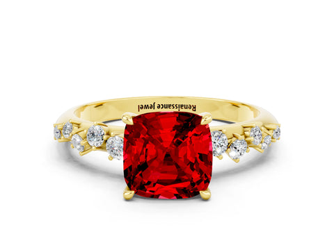 Yellow gold Cushion Cut Ruby Cluster Side Stone Solitaire Ring with Prong Setting_24