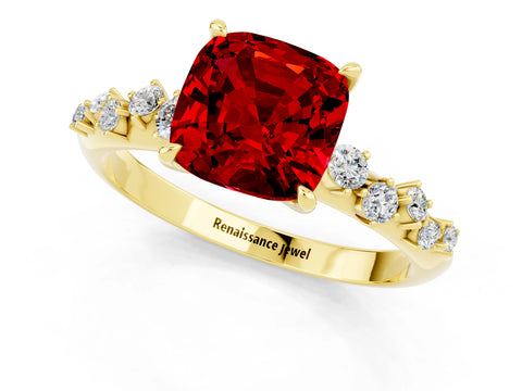 Yellow gold Cushion Cut Ruby Cluster Side Stone Solitaire Ring with Prong Setting_25