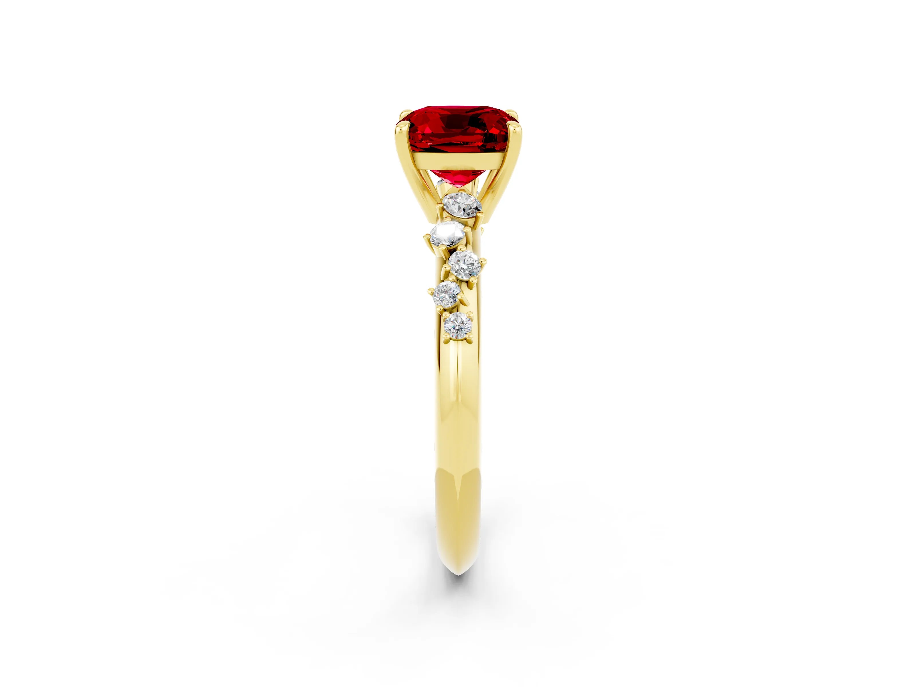 Yellow gold Cushion Cut Ruby Cluster Side Stone Solitaire Ring with Prong Setting_26