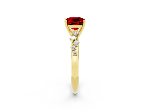 Yellow gold Cushion Cut Ruby Cluster Side Stone Solitaire Ring with Prong Setting