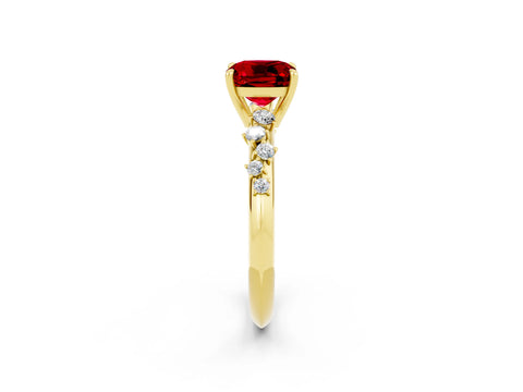 Yellow gold Cushion Cut Ruby Cluster Side Stone Solitaire Ring with Prong Setting_26