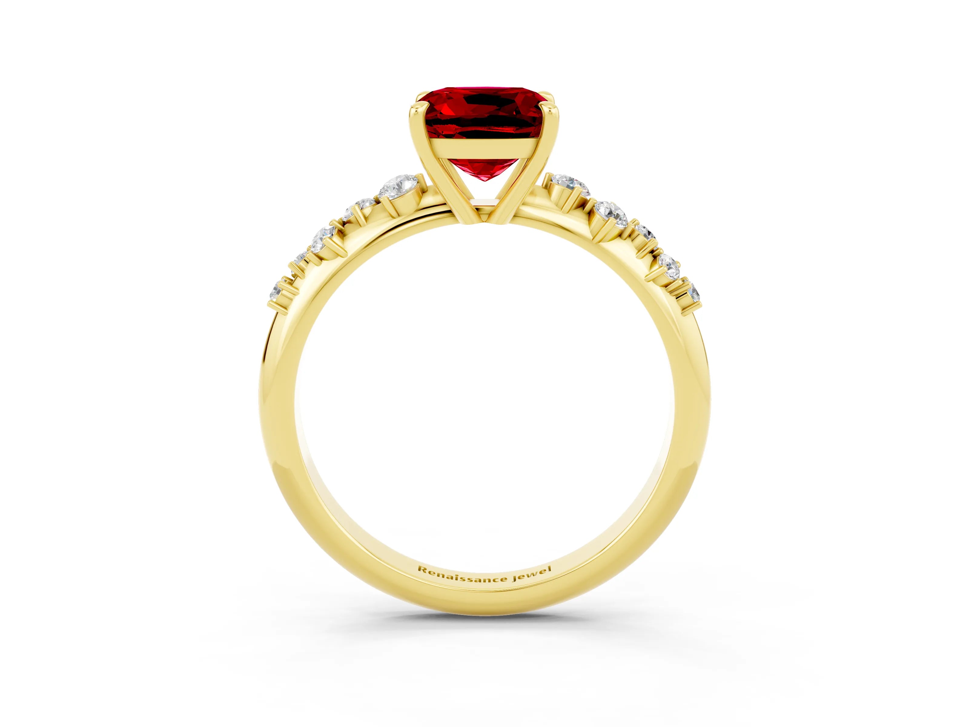 Yellow gold Cushion Cut Ruby Cluster Side Stone Solitaire Ring with Prong Setting_27