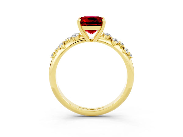 Yellow gold Cushion Cut Ruby Cluster Side Stone Solitaire Ring with Prong Setting