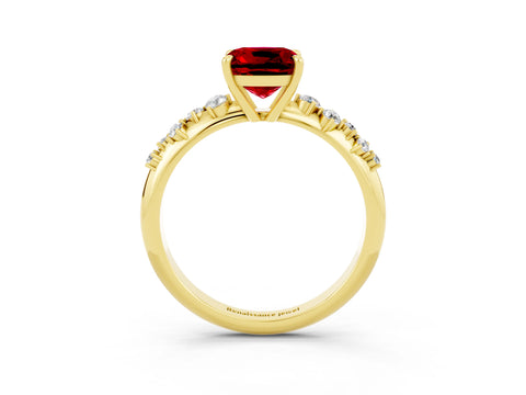 Yellow gold Cushion Cut Ruby Cluster Side Stone Solitaire Ring with Prong Setting_27