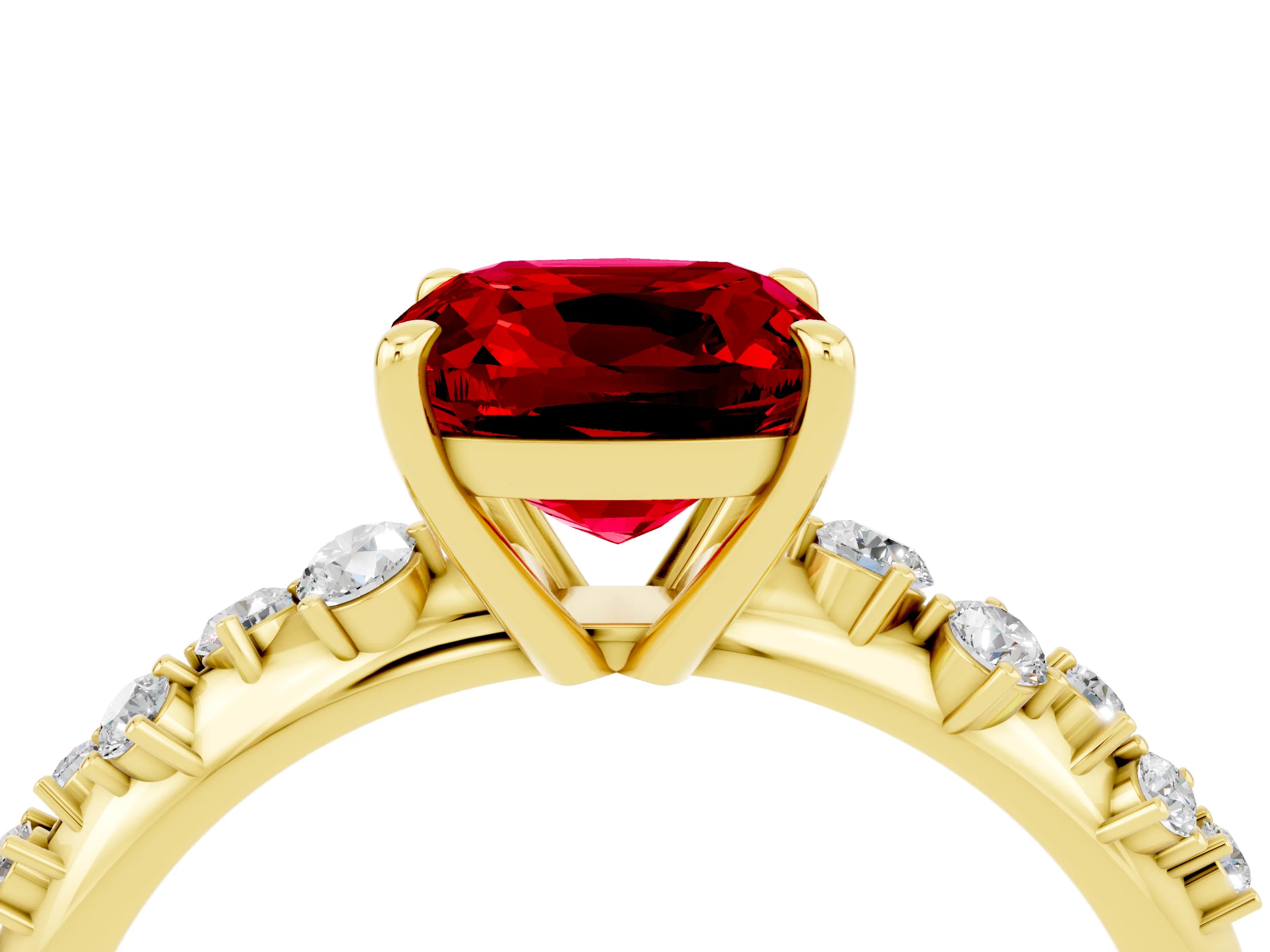 Yellow gold Cushion Cut Ruby Cluster Side Stone Solitaire Ring with Prong Setting_28