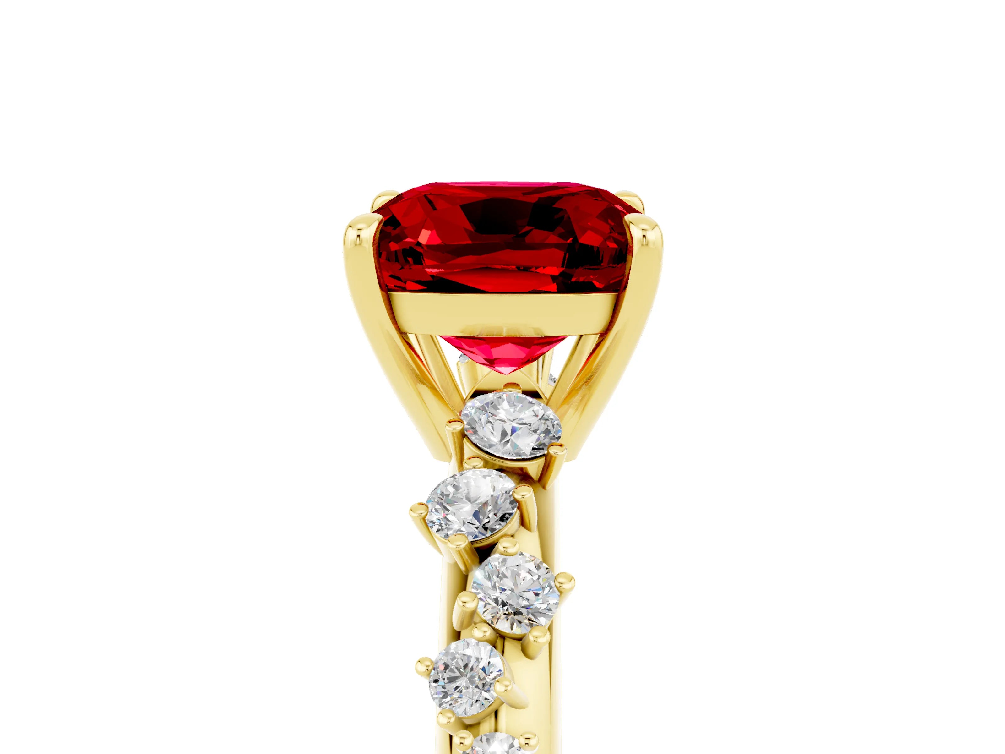 Yellow gold Cushion Cut Ruby Cluster Side Stone Solitaire Ring with Prong Setting_29