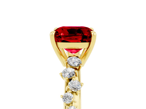 Yellow gold Cushion Cut Ruby Cluster Side Stone Solitaire Ring with Prong Setting_29