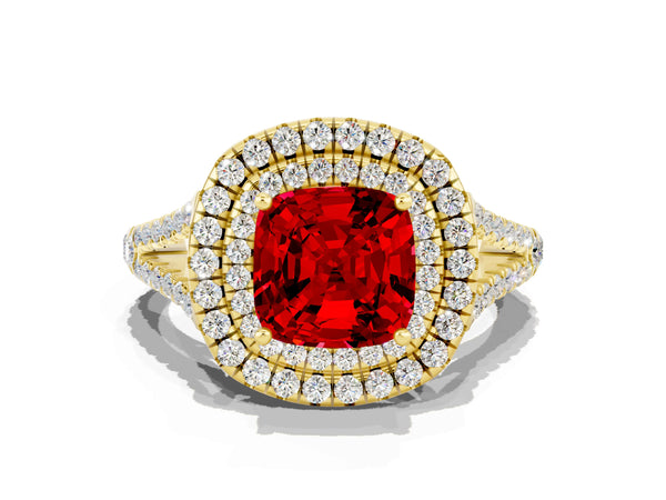 Yellow gold Cushion Cut Ruby Double Halo Ring with Pavé Band and Prong Setting