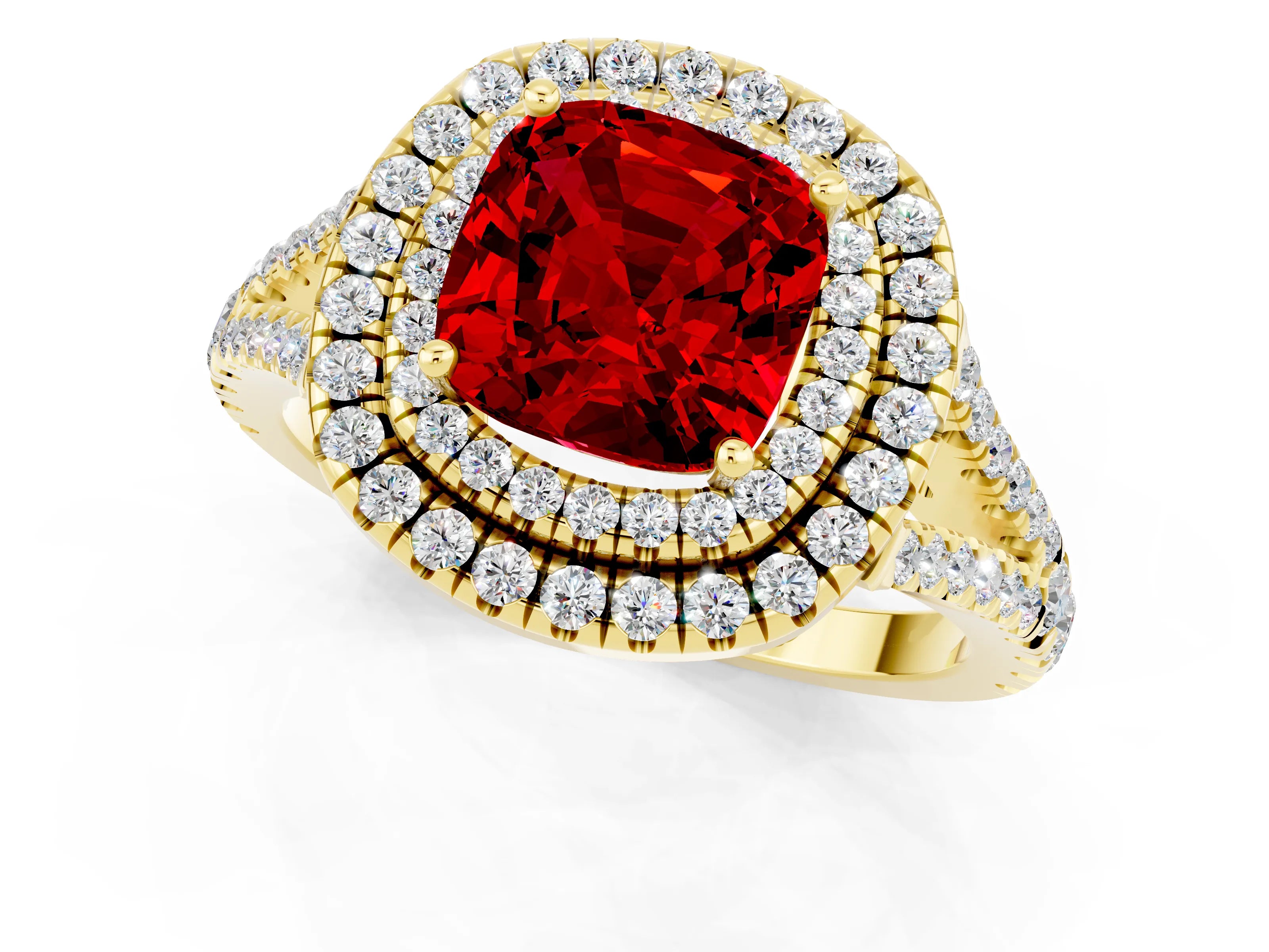 Yellow gold Cushion Cut Ruby Double Halo Ring with Pavé Band and Prong Setting_13