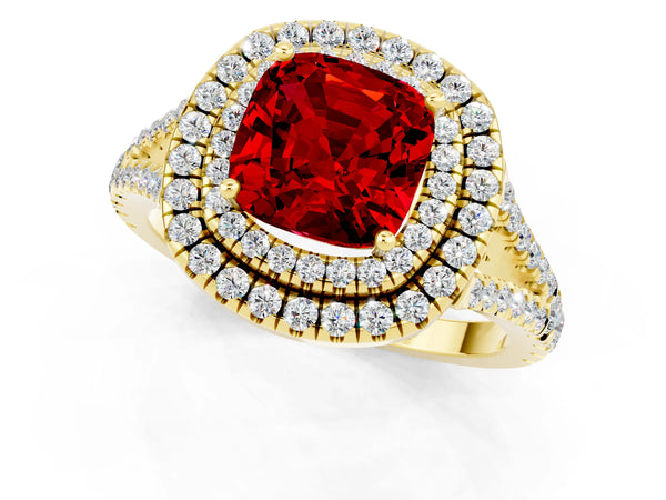 Yellow gold Cushion Cut Ruby Double Halo Ring with Pavé Band and Prong Setting