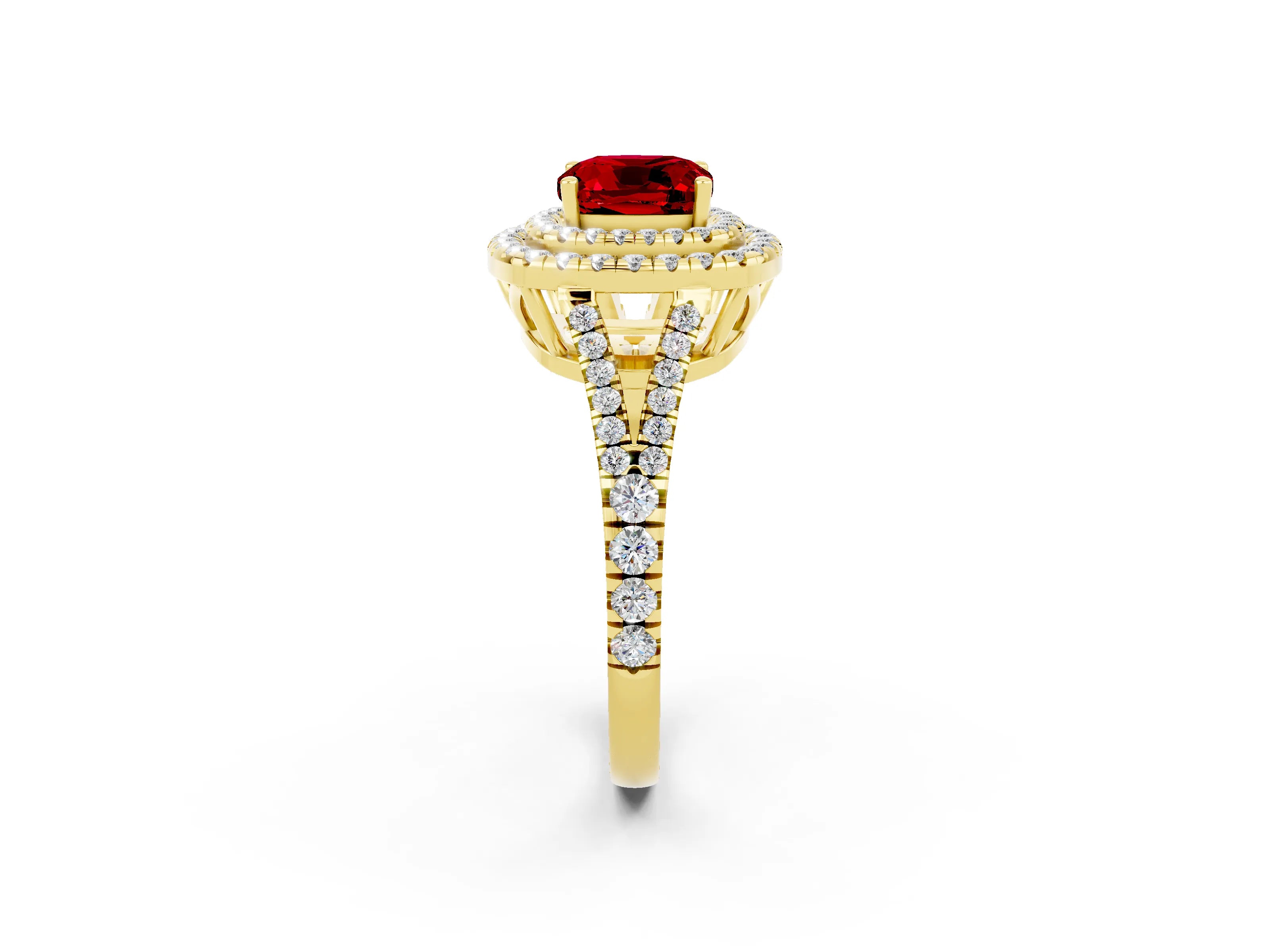Yellow gold Cushion Cut Ruby Double Halo Ring with Pavé Band and Prong Setting_14
