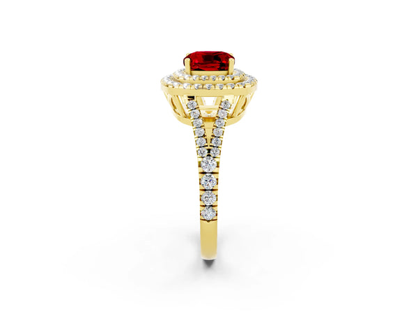 Yellow gold Cushion Cut Ruby Double Halo Ring with Pavé Band and Prong Setting