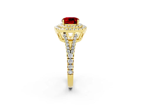 Yellow gold Cushion Cut Ruby Double Halo Ring with Pavé Band and Prong Setting_14