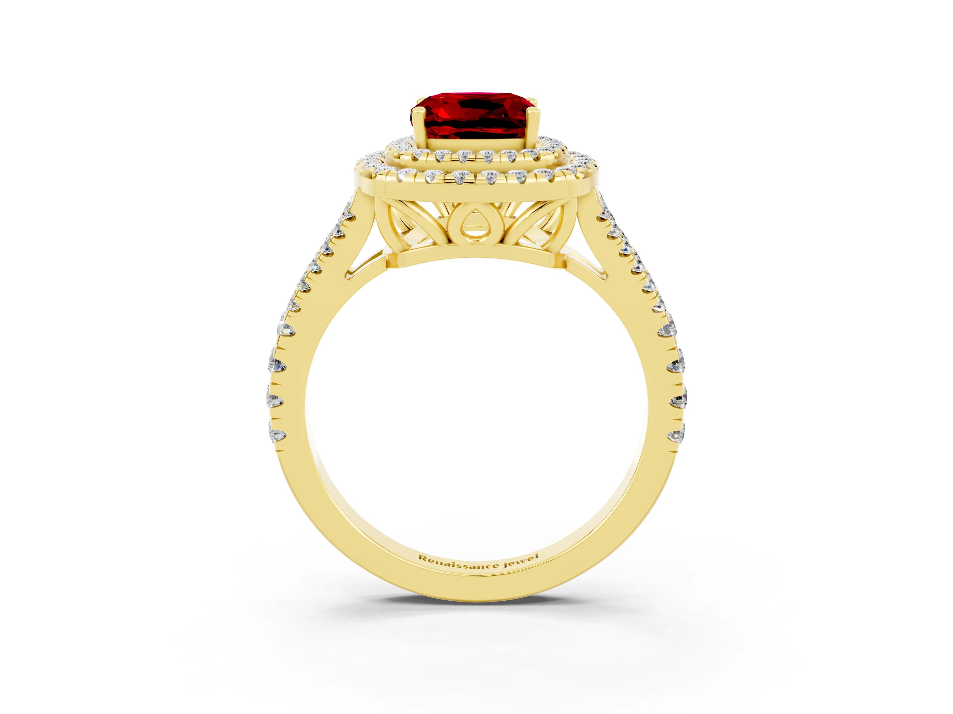 Yellow gold Cushion Cut Ruby Double Halo Ring with Pavé Band and Prong Setting_15