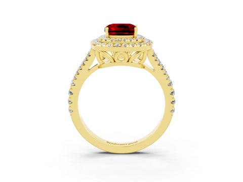 Yellow gold Cushion Cut Ruby Double Halo Ring with Pavé Band and Prong Setting_15