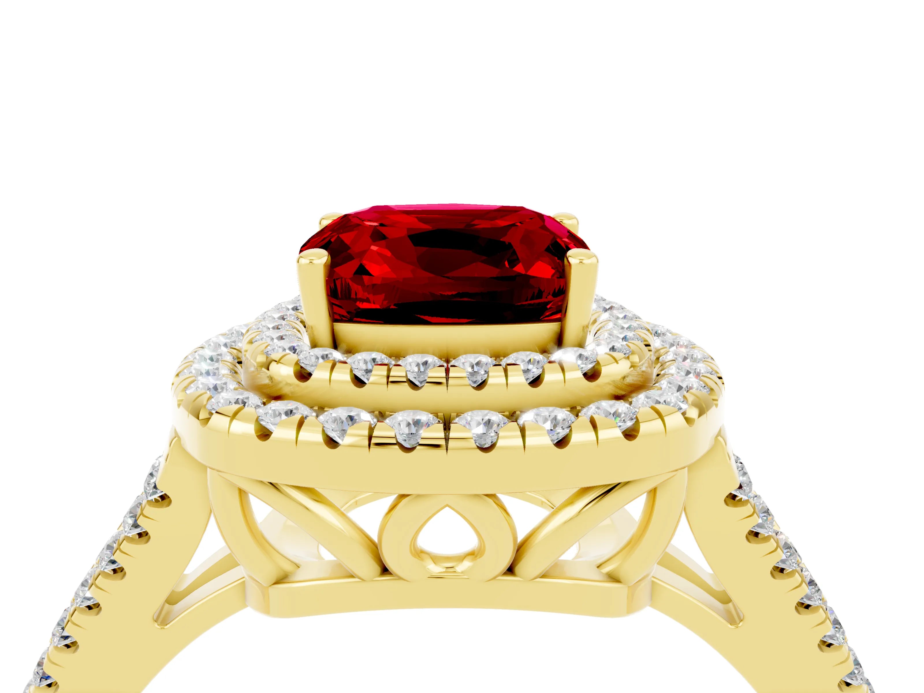 Yellow gold Cushion Cut Ruby Double Halo Ring with Pavé Band and Prong Setting_16