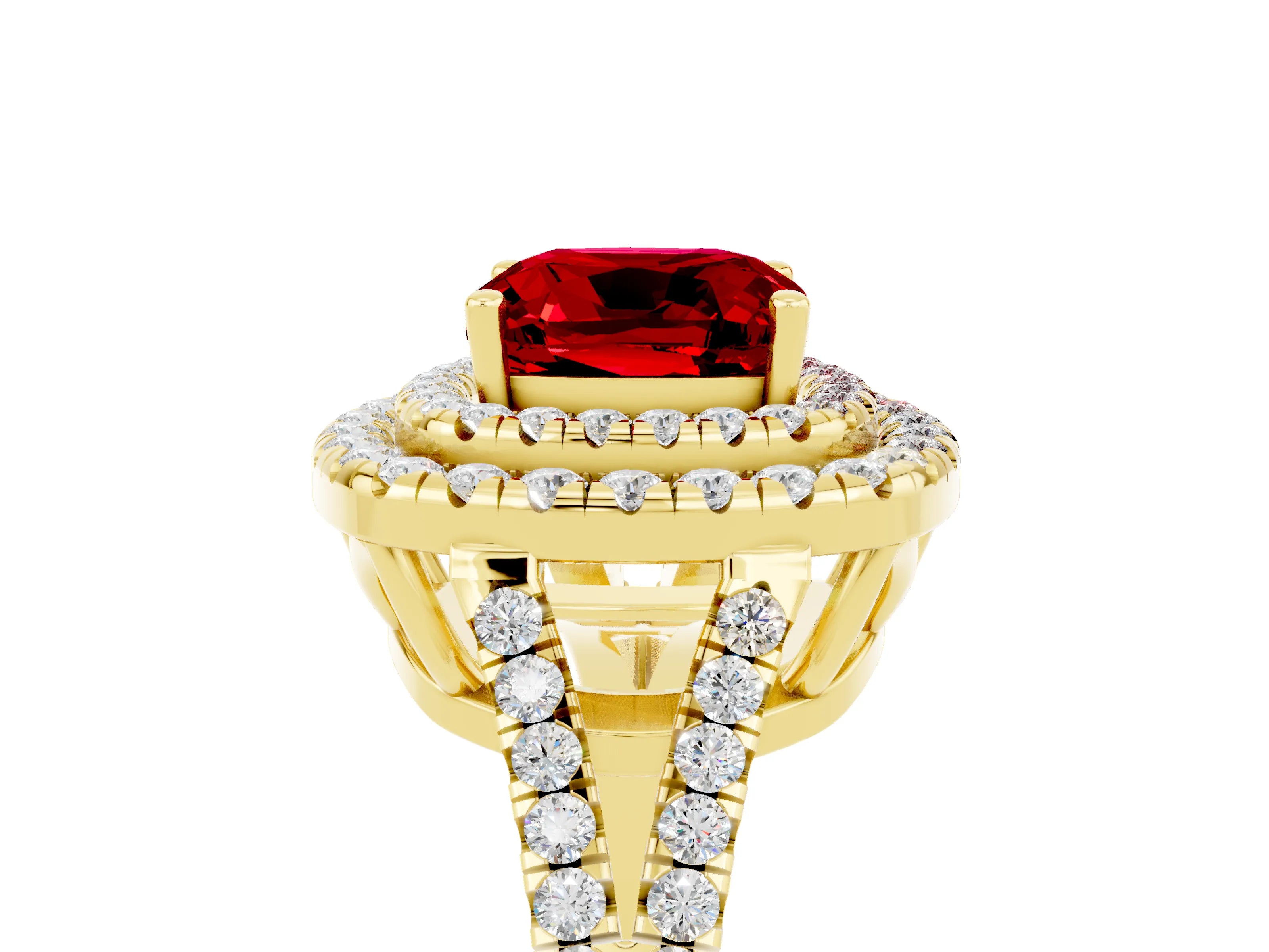 Yellow gold Cushion Cut Ruby Double Halo Ring with Pavé Band and Prong Setting_17