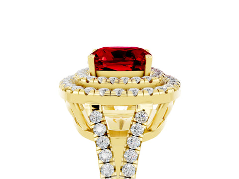 Yellow gold Cushion Cut Ruby Double Halo Ring with Pavé Band and Prong Setting_17