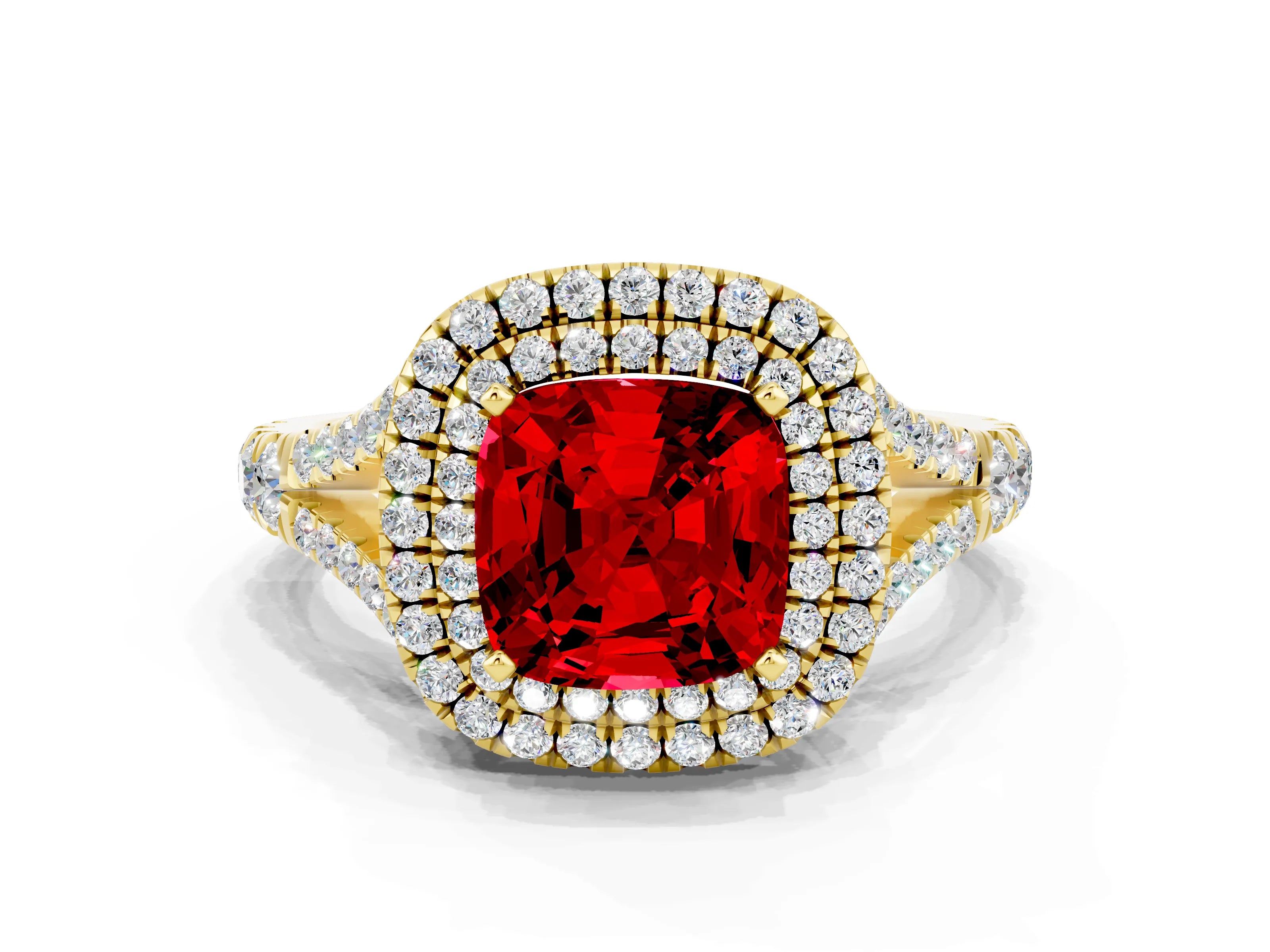 Yellow gold Cushion Cut Ruby Double Halo Ring with Split Shank and Prong Setting_12