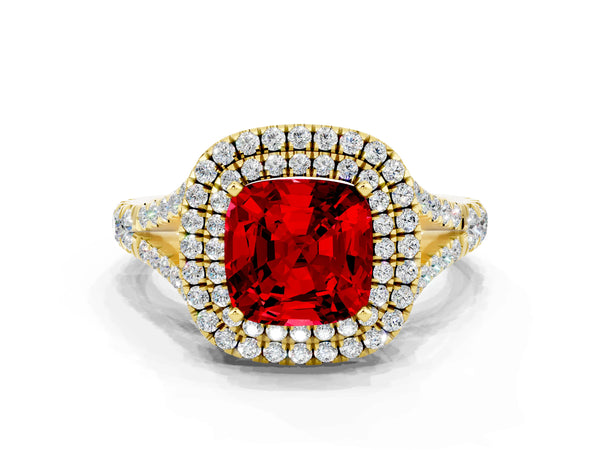 Yellow gold Cushion Cut Ruby Double Halo Ring with Split Shank and Prong Setting