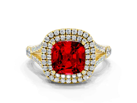 Yellow gold Cushion Cut Ruby Double Halo Ring with Split Shank and Prong Setting_12