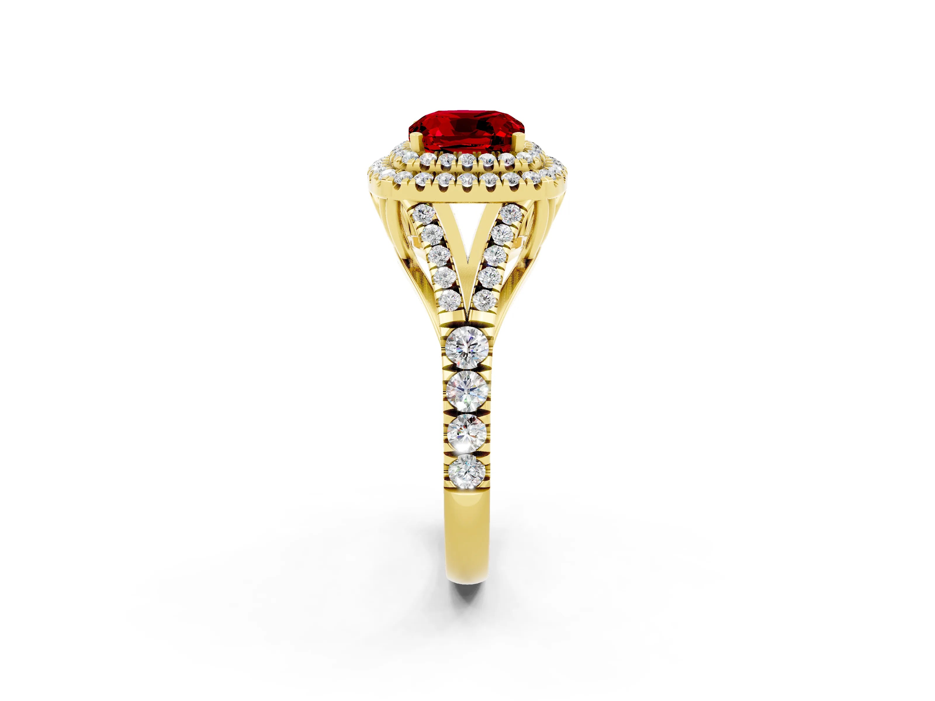 Yellow gold Cushion Cut Ruby Double Halo Ring with Split Shank and Prong Setting_14