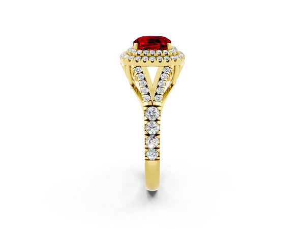 Yellow gold Cushion Cut Ruby Double Halo Ring with Split Shank and Prong Setting