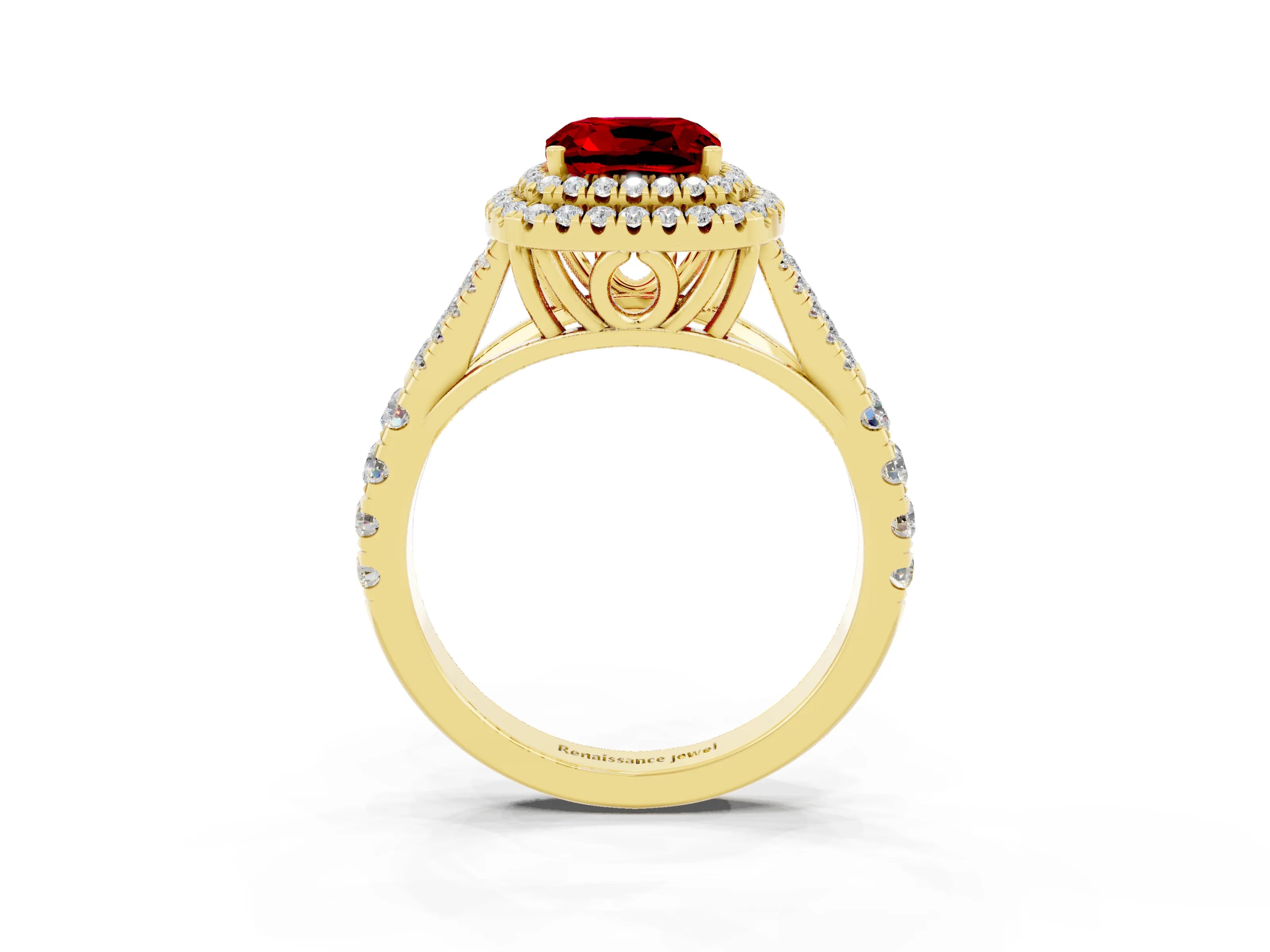 Yellow gold Cushion Cut Ruby Double Halo Ring with Split Shank and Prong Setting_15