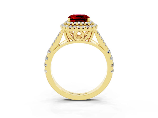 Yellow gold Cushion Cut Ruby Double Halo Ring with Split Shank and Prong Setting