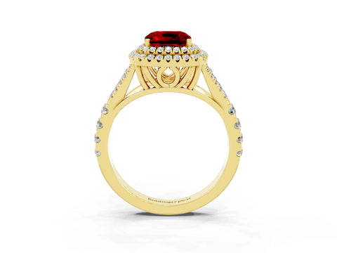 Yellow gold Cushion Cut Ruby Double Halo Ring with Split Shank and Prong Setting_15