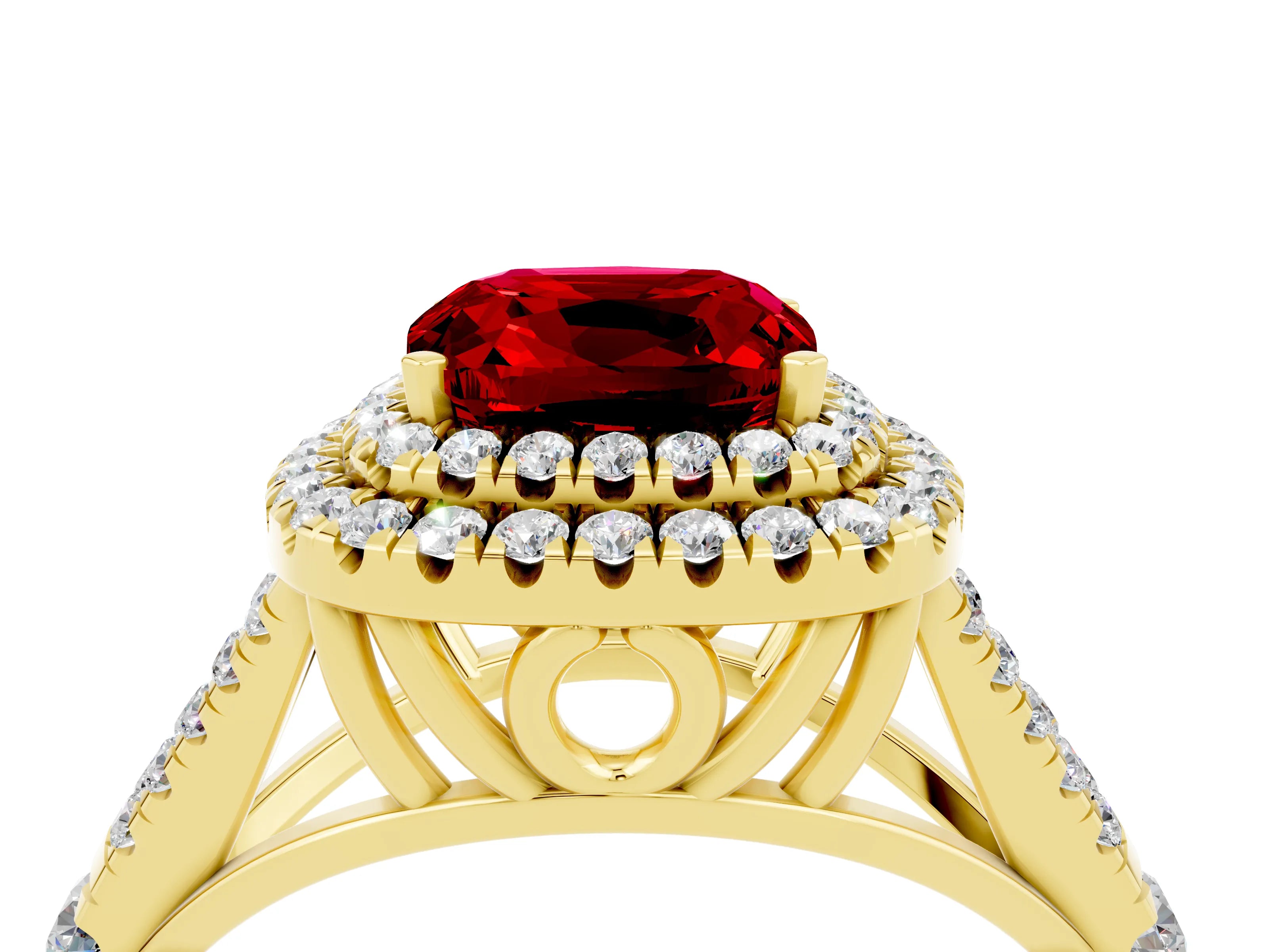 Yellow gold Cushion Cut Ruby Double Halo Ring with Split Shank and Prong Setting_16