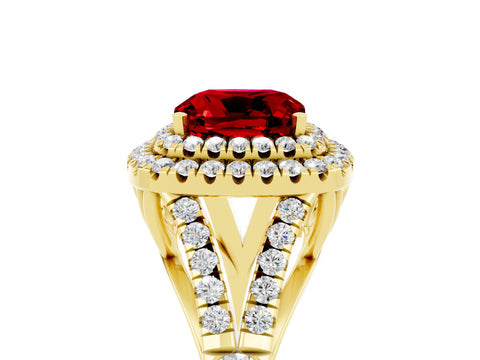 Yellow gold Cushion Cut Ruby Double Halo Ring with Split Shank and Prong Setting_17