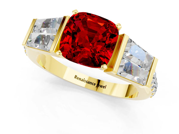 Yellow gold Cushion Cut Ruby Engagement Ring with Baguette Side Stones and Channel Set Band