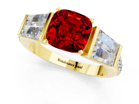 Yellow gold Cushion Cut Ruby Engagement Ring with Baguette Side Stones and Channel Set Band_1