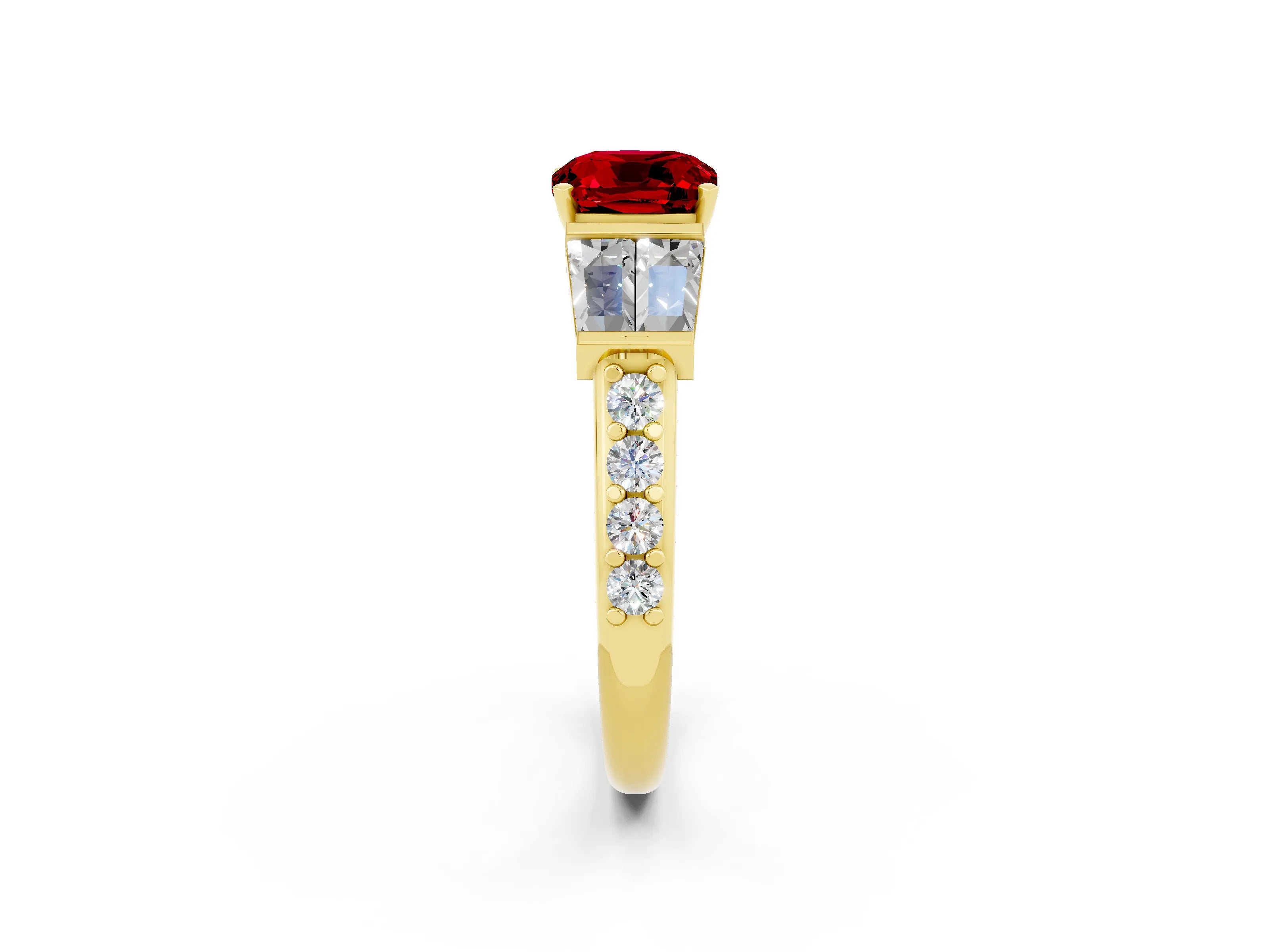 Yellow gold Cushion Cut Ruby Engagement Ring with Baguette Side Stones and Channel Set Band_2