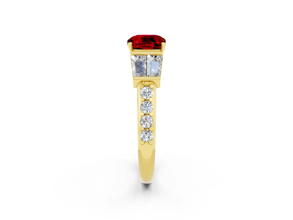 Yellow gold Cushion Cut Ruby Engagement Ring with Baguette Side Stones and Channel Set Band