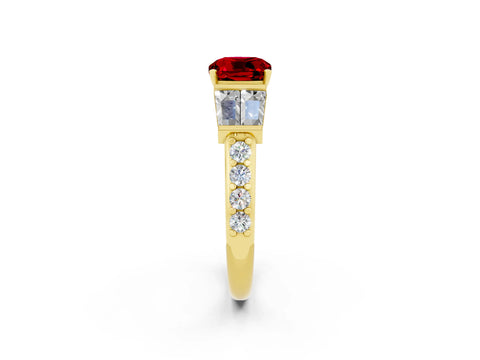Yellow gold Cushion Cut Ruby Engagement Ring with Baguette Side Stones and Channel Set Band_2