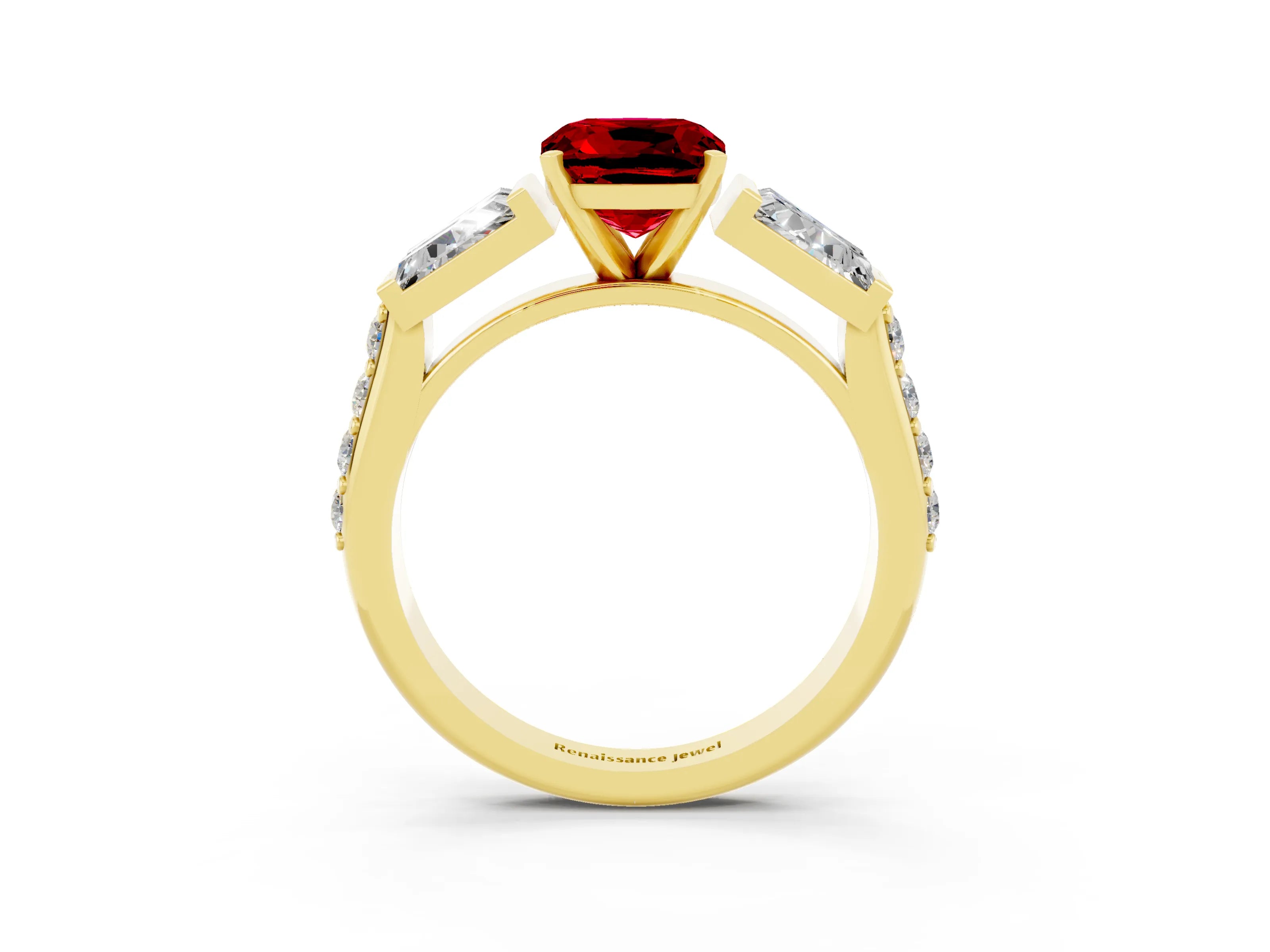 Yellow gold Cushion Cut Ruby Engagement Ring with Baguette Side Stones and Channel Set Band_3