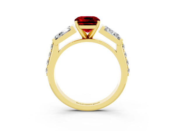 Yellow gold Cushion Cut Ruby Engagement Ring with Baguette Side Stones and Channel Set Band