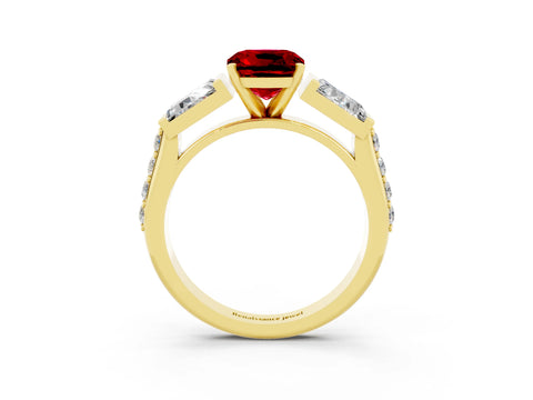 Yellow gold Cushion Cut Ruby Engagement Ring with Baguette Side Stones and Channel Set Band_3